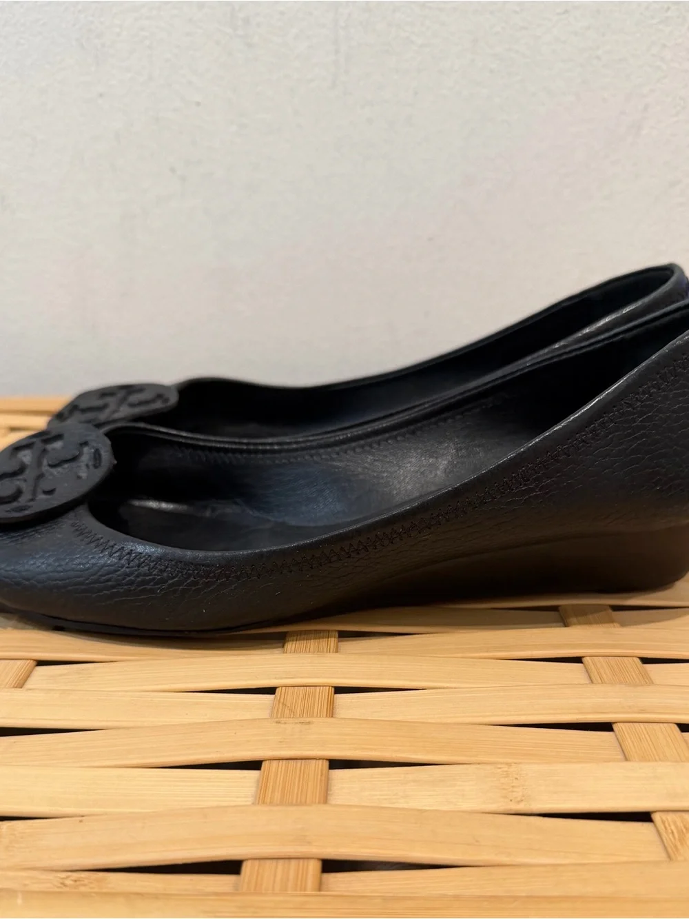 Tory Burch Black Leather Peep-Toe Logo Flats